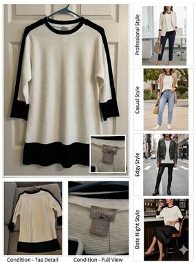 Chico's Zenergy Color-Blocked Tunic Top - Size 1 - Black & Cream - Ribbed Knit